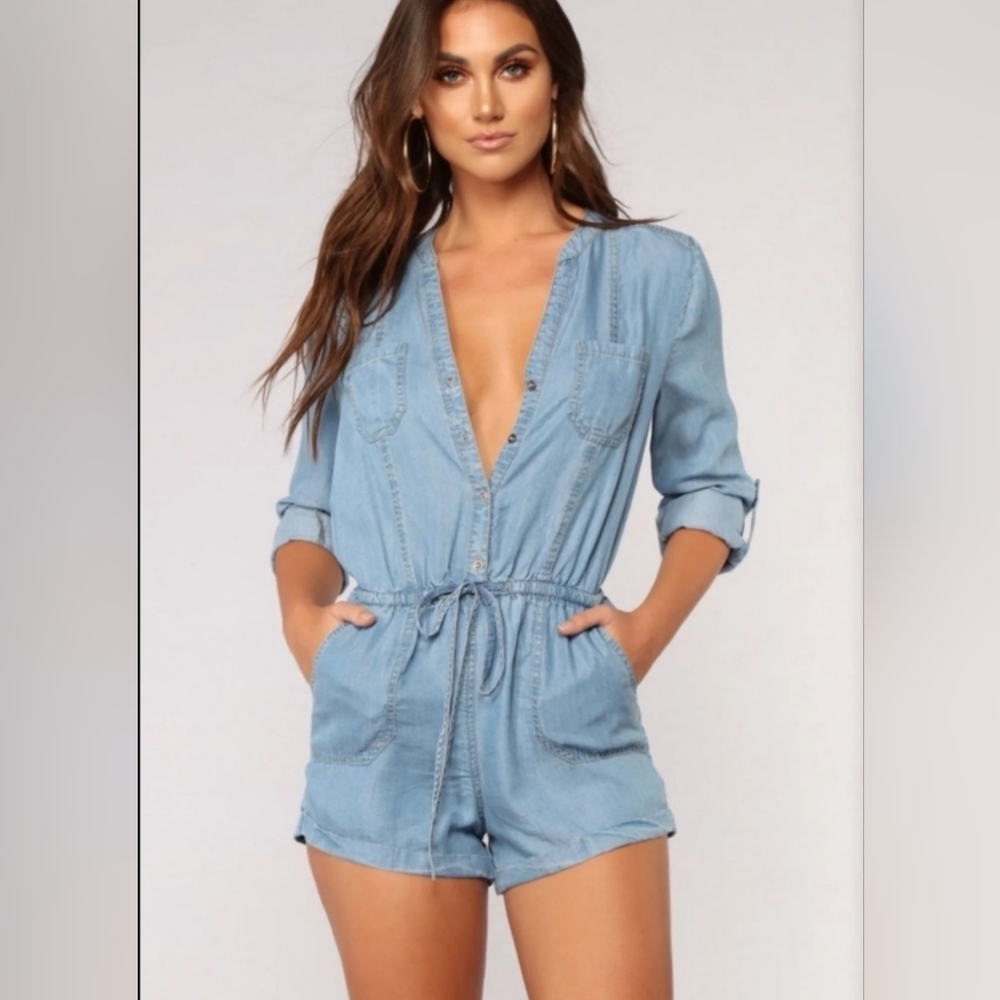 Fashion Nova Blue Chambray Tencel long sleeve shorts romper L NWT